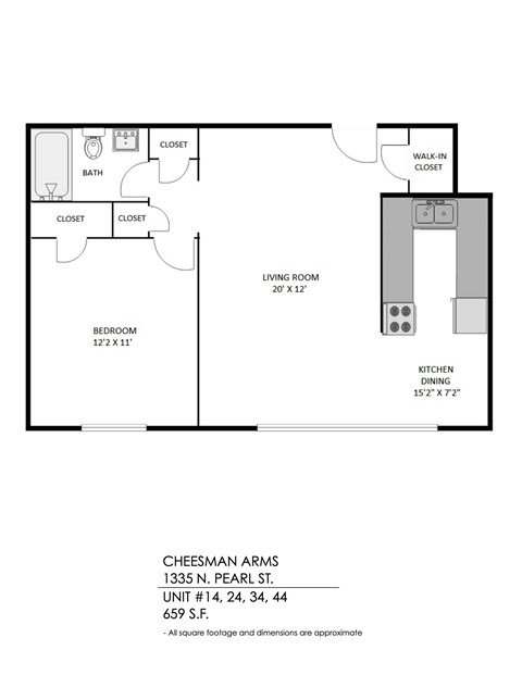 A floor plan of a Cheesman Arms apartment showing a living room, two bedrooms, a kitchen and a bathroom.